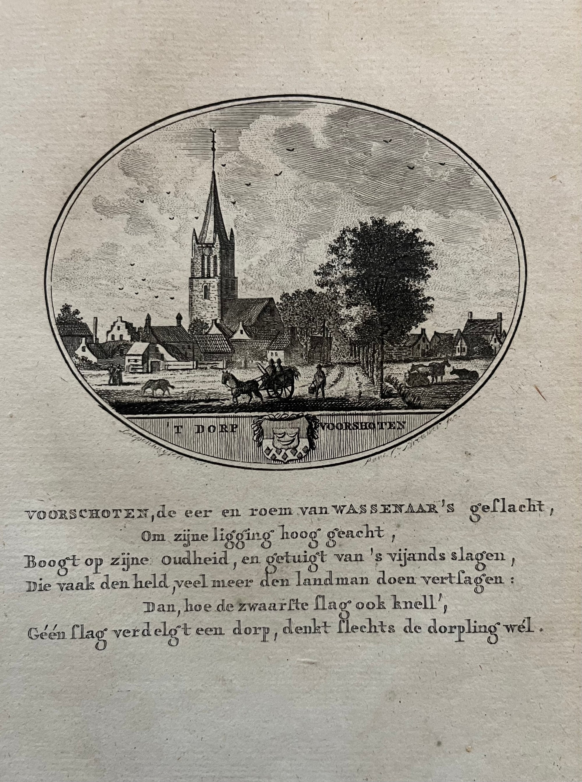 Voorschoten, old print, antique prints, oude prent, antieke prent, engraving, gravure, brouwer, ollefen, bakker, holland, city view, gezicht, zuid holland, dutch, wassenaar