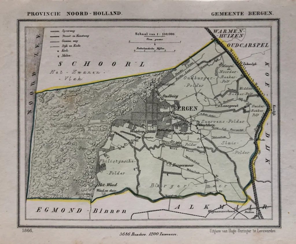 Noord Holland West Friesland Map - Bergen Noord Holland Antique Map - Bergen (NH) antiquariaat devries and devries