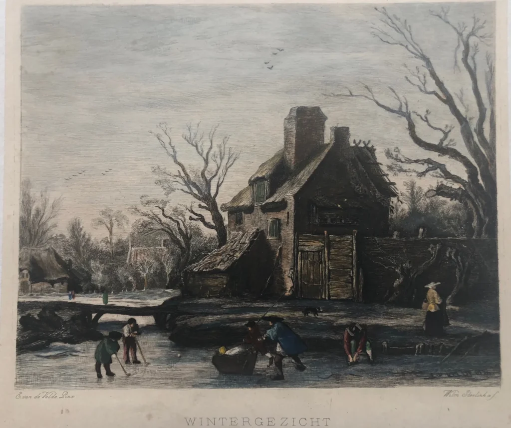 Dutch winter scene etching - Dutch Winterscene antiquariaat devries and devries