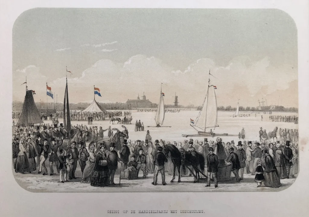 Rotterdam winter ice scene - Rotterdam Winter Ice sailing antiquariaat devries and devries